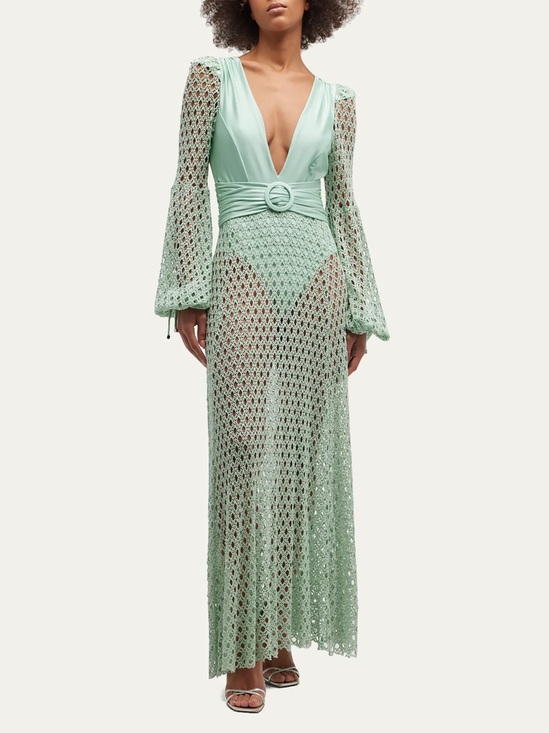 PatBO Dresses & Skirts - PATBO NWT Monstera Elegant Sage Green Crochet Maxi Dress with Deep V